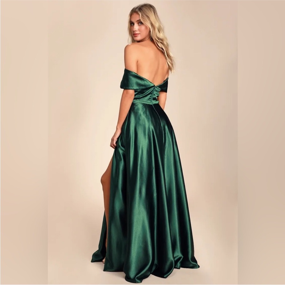 Lulu’s Forest Green Satin Off-the-Shoulder Maxi Dress size Large